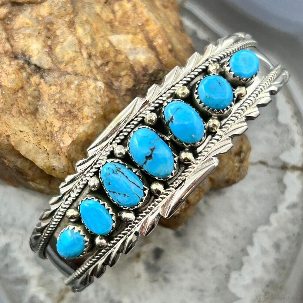 Anita Whitegoat Native American Sterling 7 Turquoise Row Bracelet For Women #2